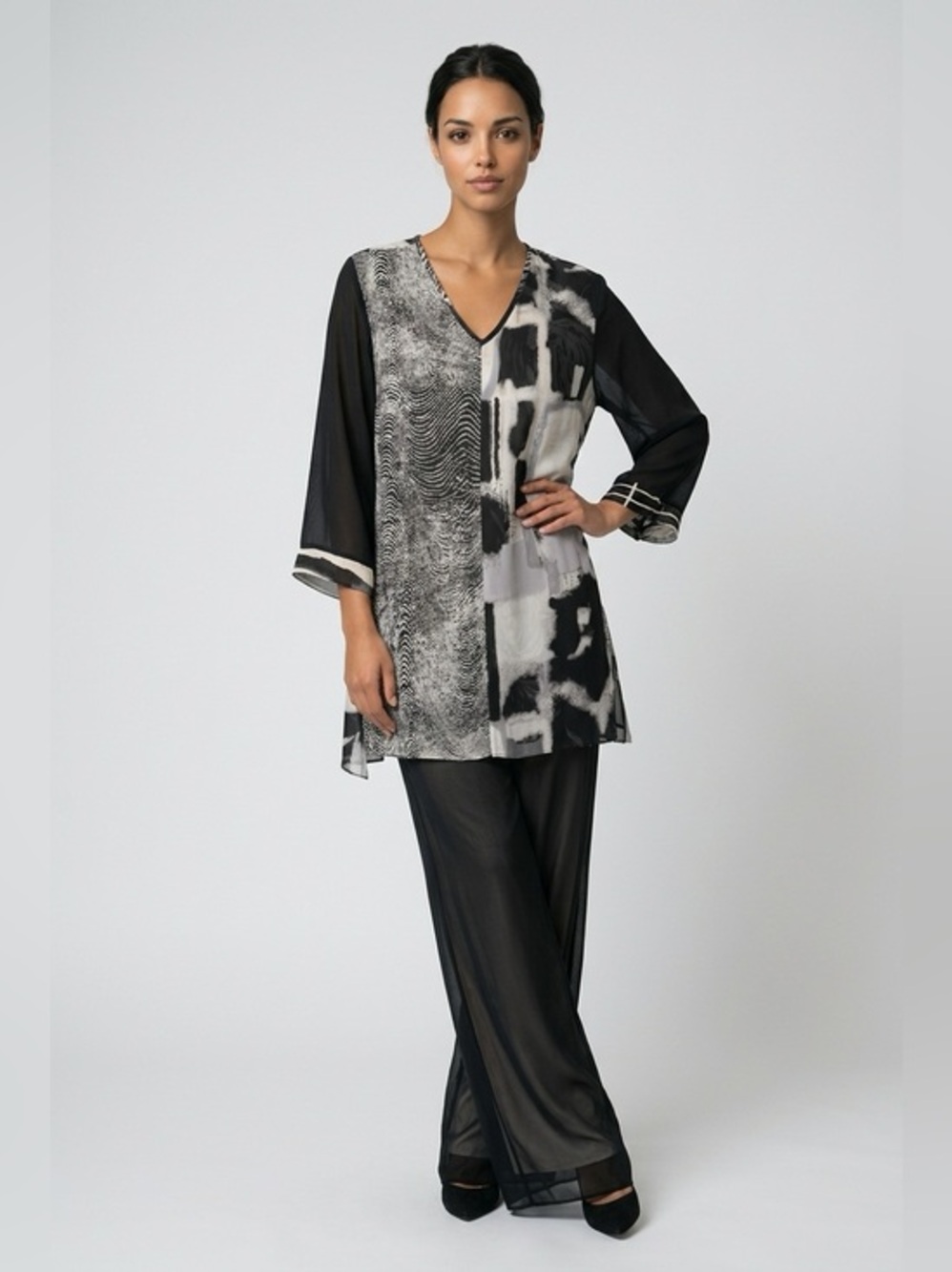 CTC CAROL TURNER COLLECTION SEMI-SHEER V-NECK 3/3 SLEEVES TUNIC TOP SZ M 10 / 12